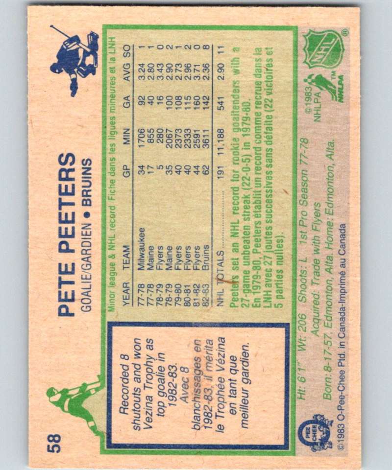 1983-84 O-Pee-Chee #58 Pete Peeters Bruins NHL Hockey