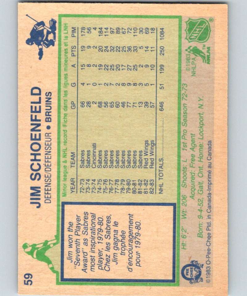 1983-84 O-Pee-Chee #59 Jim Schoenfeld Bruins NHL Hockey Image 2