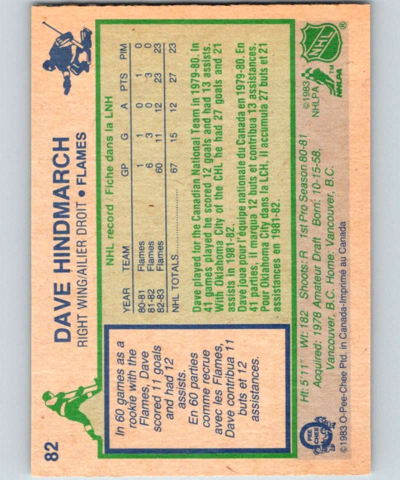 1983-84 O-Pee-Chee #82 Dave Hindmarch RC Rookie Flames NHL Hockey