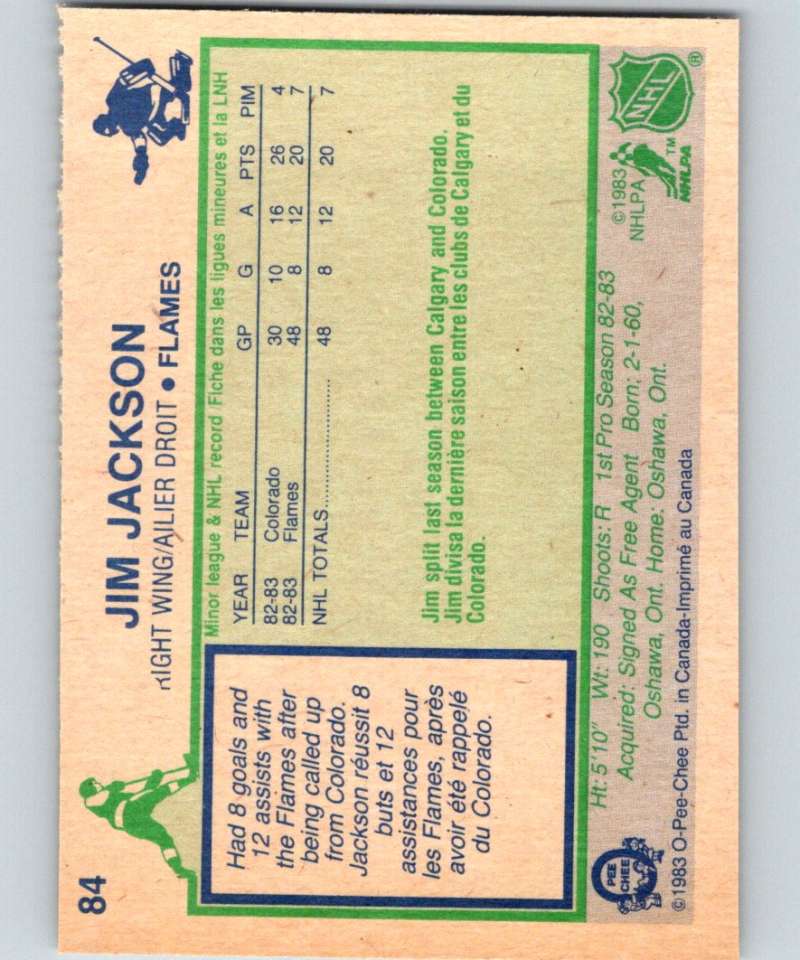 1983-84 O-Pee-Chee #84 Jim Jackson RC Rookie Flames NHL Hockey