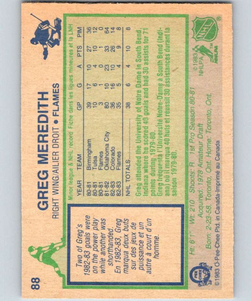 1983-84 O-Pee-Chee #88 Greg Meredith RC Rookie Flames NHL Hockey
