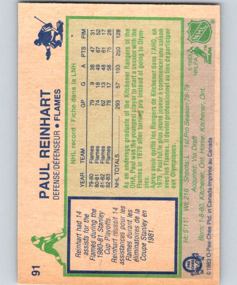 1983-84 O-Pee-Chee #91 Paul Reinhart Flames NHL Hockey