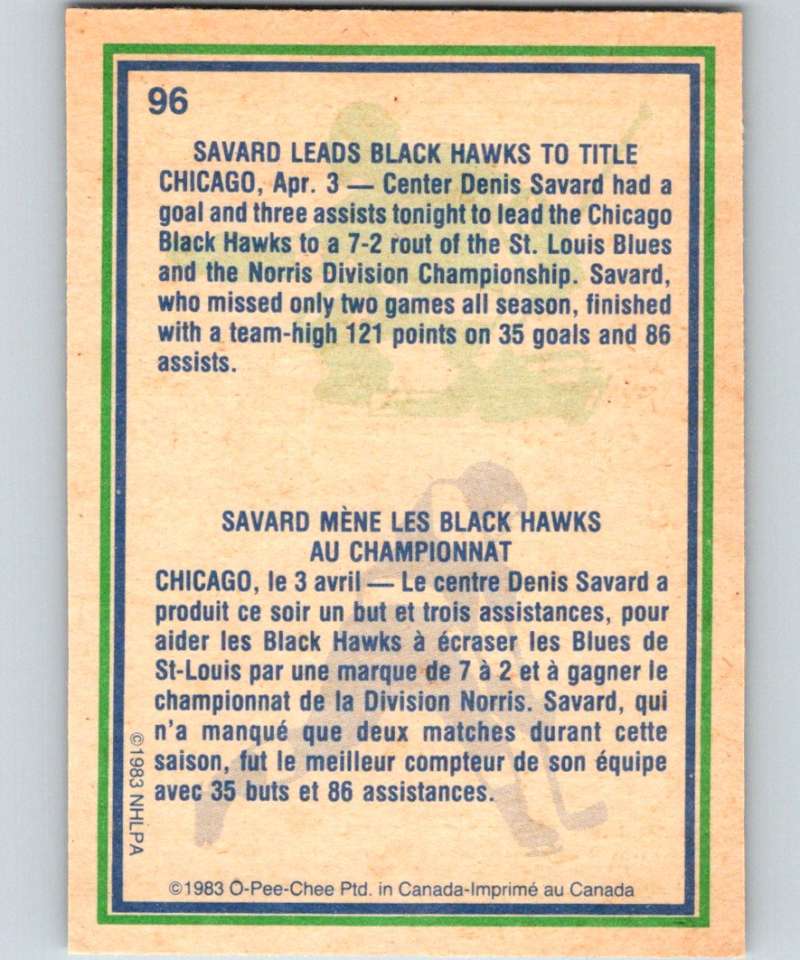 1983-84 O-Pee-Chee #96 Denis Savard Blackhawks HL NHL Hockey