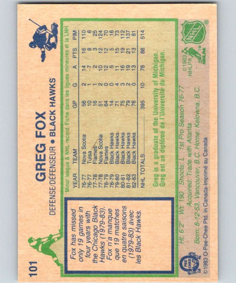 1983-84 O-Pee-Chee #101 Greg Fox Blackhawks NHL Hockey
