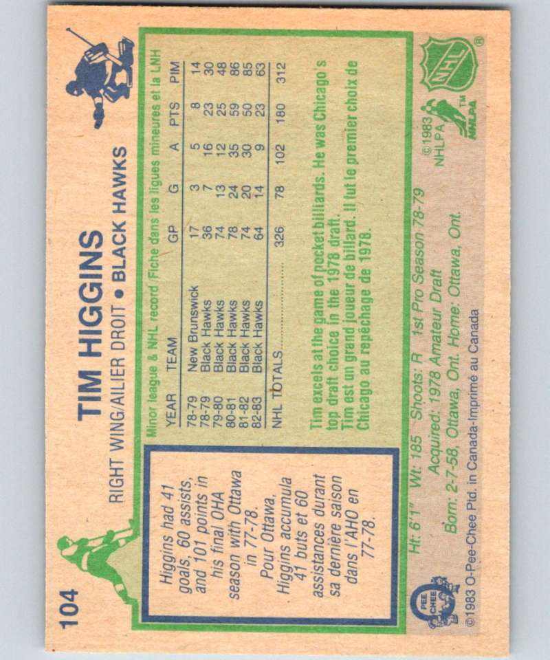 1983-84 O-Pee-Chee #104 Tim Higgins Blackhawks NHL Hockey