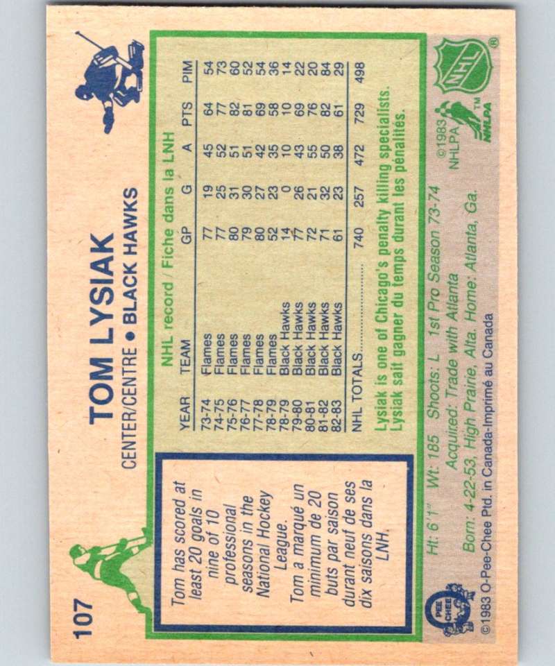 1983-84 O-Pee-Chee #107 Tom Lysiak Blackhawks NHL Hockey Image 2