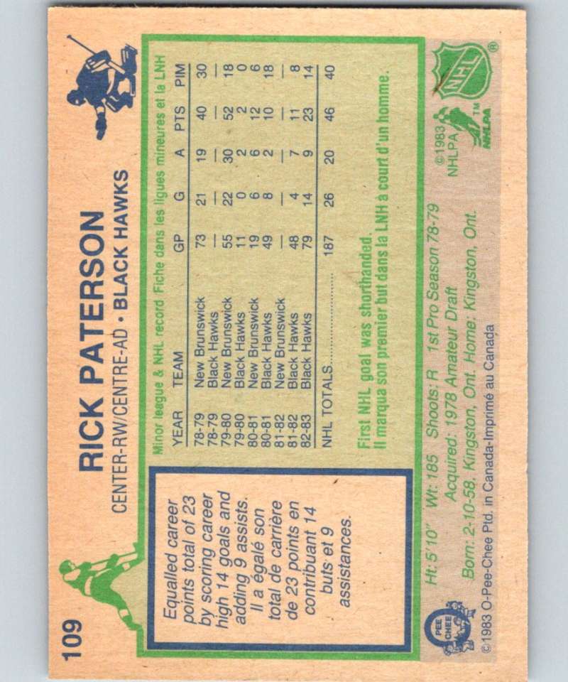 1983-84 O-Pee-Chee #109 Rick Paterson RC Rookie Blackhawks NHL Hockey