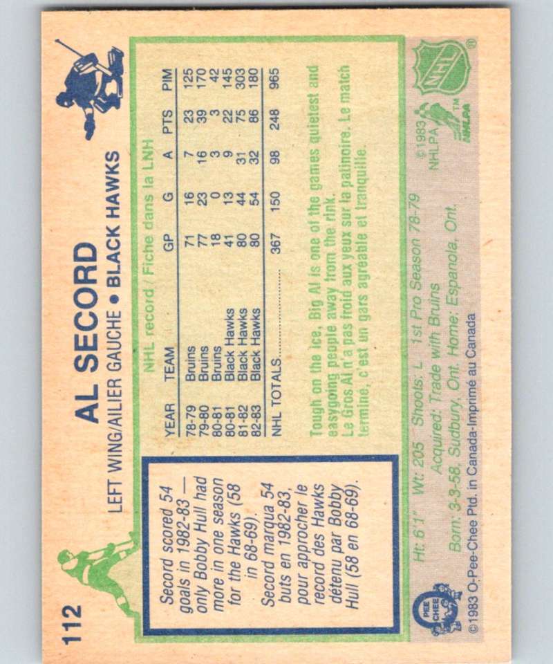 1983-84 O-Pee-Chee #112 Al Secord Blackhawks NHL Hockey Image 2