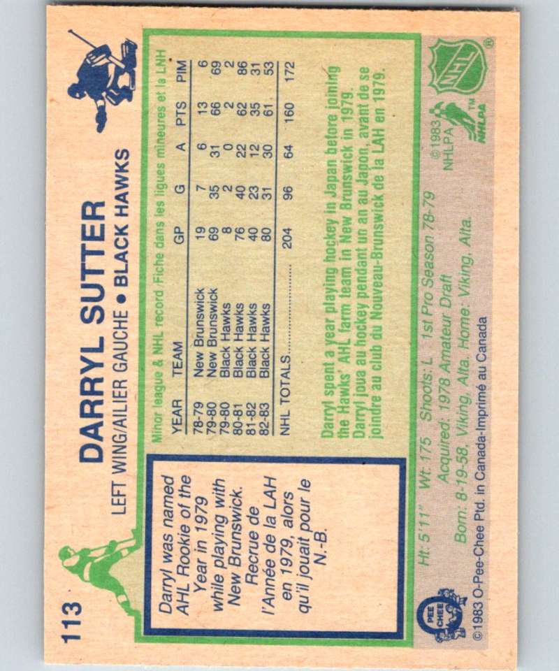 1983-84 O-Pee-Chee #113 Darryl Sutter Blackhawks NHL Hockey