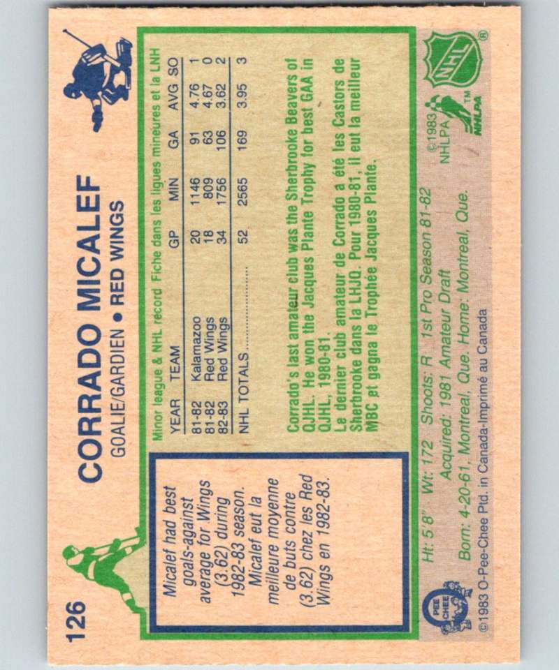 1983-84 O-Pee-Chee #126 Corrado Micalef RC Rookie Red Wings NHL Hockey
