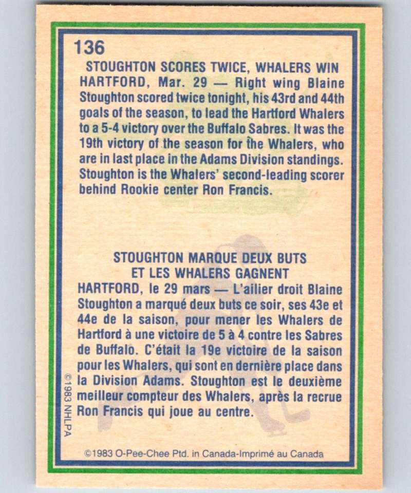 1983-84 O-Pee-Chee #136 Blaine Stoughton Whalers HL NHL Hockey