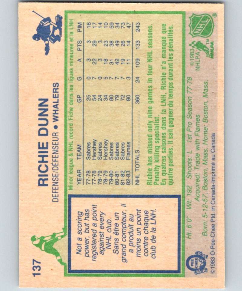 1983-84 O-Pee-Chee #137 Richie Dunn Whalers NHL Hockey