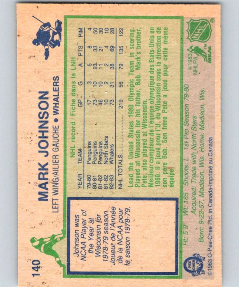 1983-84 O-Pee-Chee #140 Mark Johnson Whalers NHL Hockey Image 2