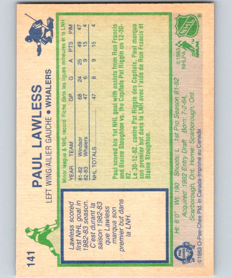 1983-84 O-Pee-Chee #141 Paul Lawless RC Rookie Whalers NHL Hockey