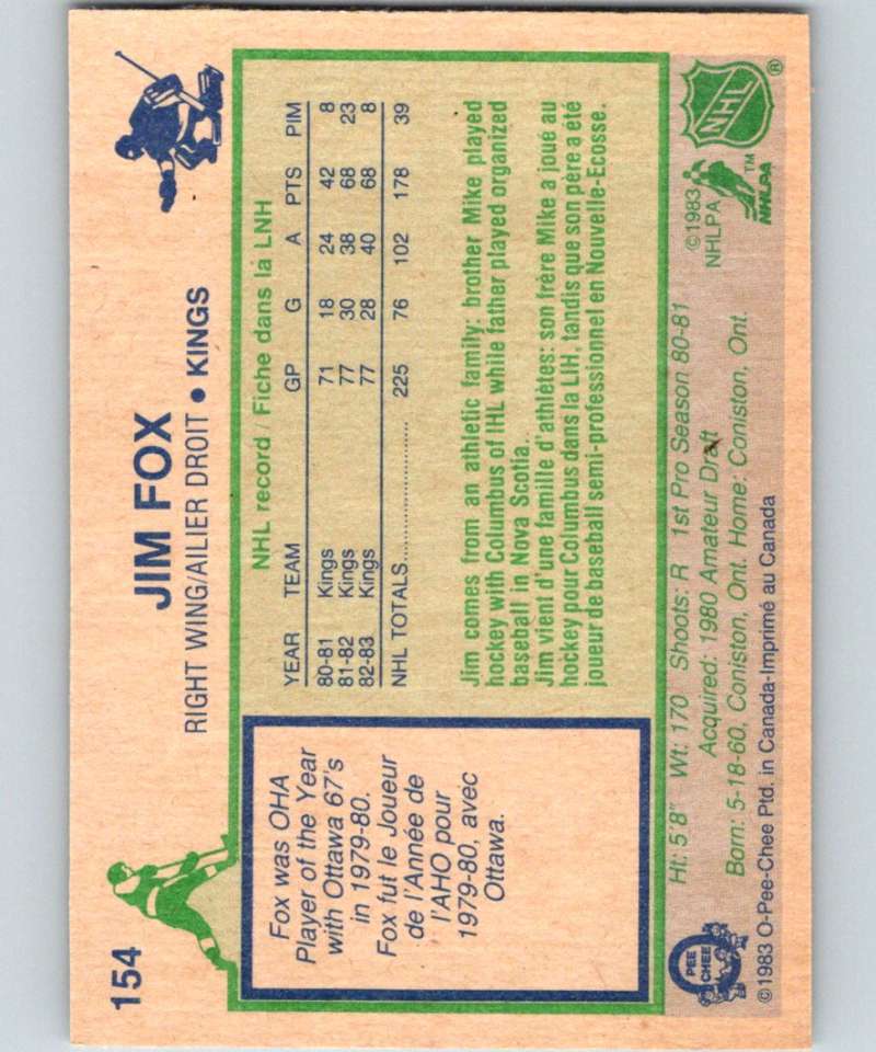 1983-84 O-Pee-Chee #154 Jim Fox Kings NHL Hockey