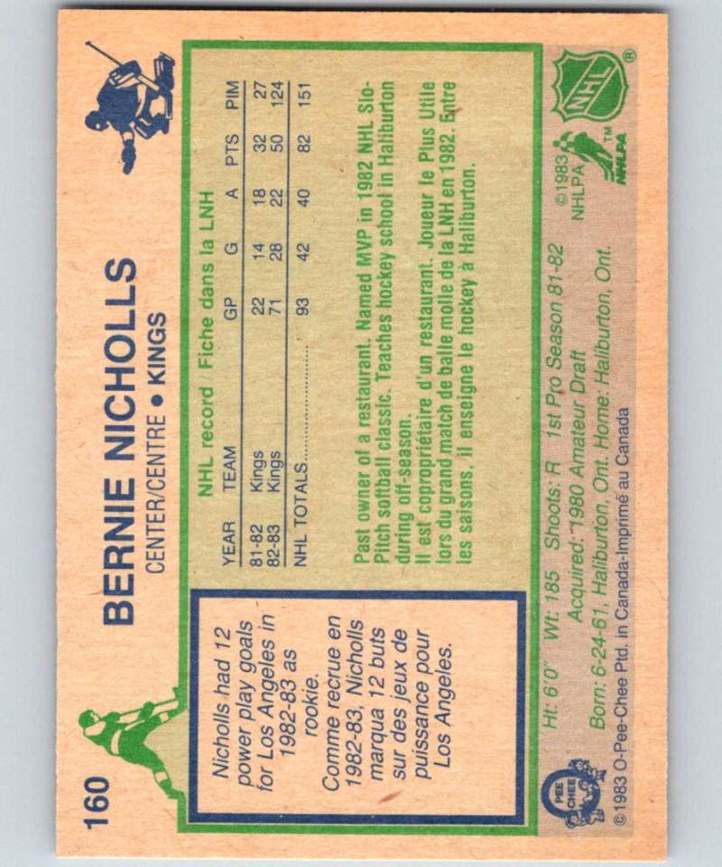 1983-84 O-Pee-Chee #160 Bernie Nicholls RC Rookie Kings NHL Hockey