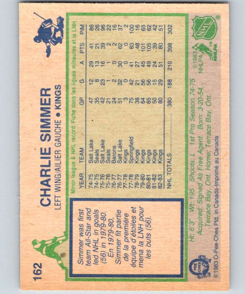 1983-84 O-Pee-Chee #162 Charlie Simmer Kings NHL Hockey