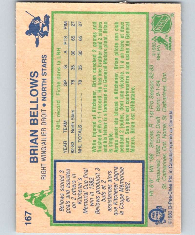 1983-84 O-Pee-Chee #167 Brian Bellows RC Rookie North Stars NHL Hockey