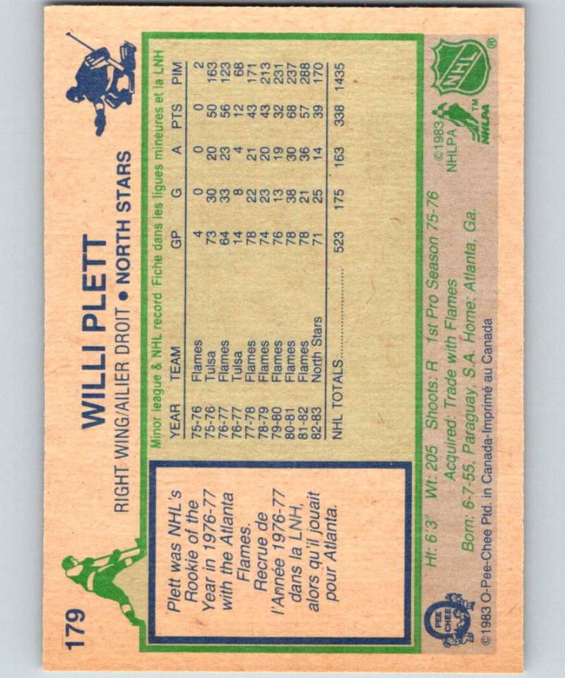 1983-84 O-Pee-Chee #179 Willi Plett North Stars NHL Hockey Image 2