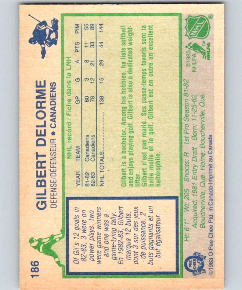 1983-84 O-Pee-Chee #186 Gilbert Delorme RC Rookie Canadiens NHL Hockey