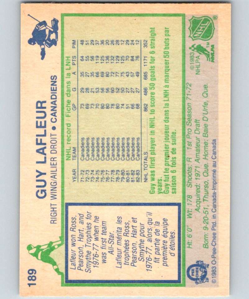 1983-84 O-Pee-Chee #189 Guy Lafleur Canadiens NHL Hockey