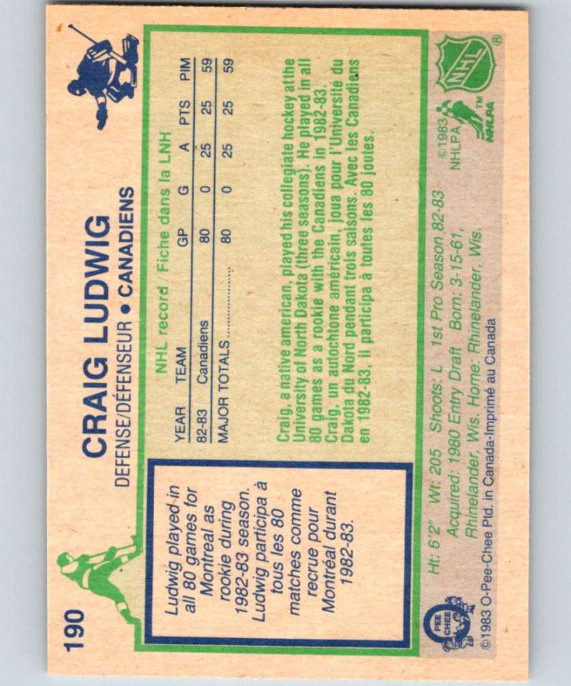 1983-84 O-Pee-Chee #190 Craig Ludwig RC Rookie Canadiens NHL Hockey