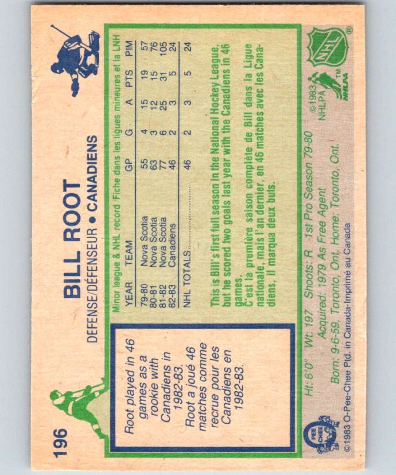 1983-84 O-Pee-Chee #196 Bill Root RC Rookie Canadiens NHL Hockey