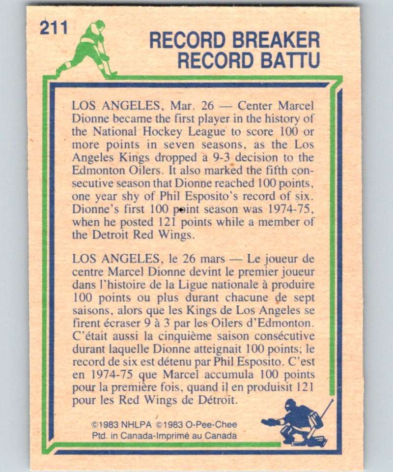 1983-84 O-Pee-Chee #211 Marcel Dionne Kings RB NHL Hockey