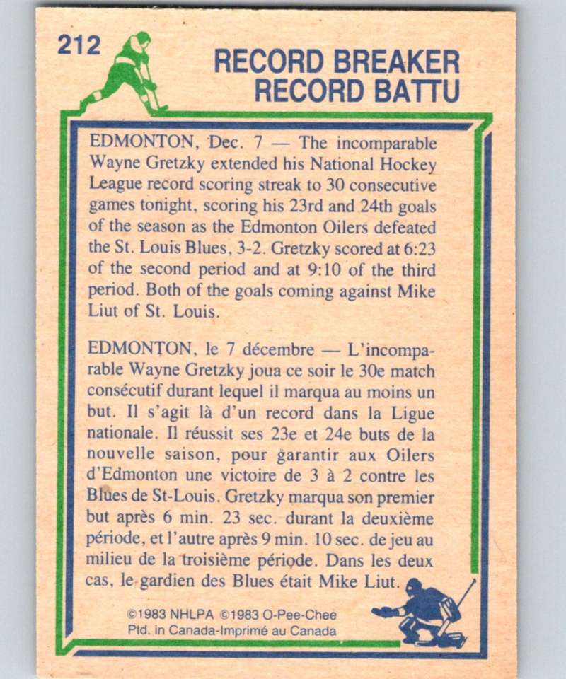 1983-84 O-Pee-Chee #212 Wayne Gretzky Oilers RB NHL Hockey