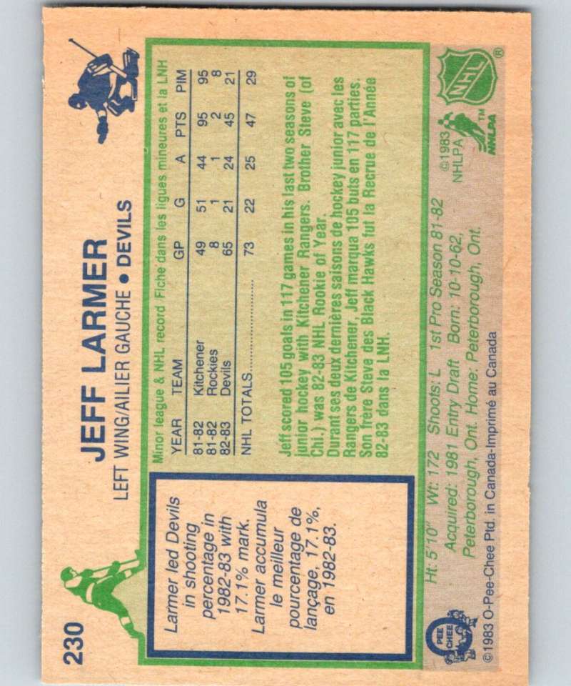 1983-84 O-Pee-Chee #230 Jeff Larmer RC Rookie NJ Devils NHL Hockey
