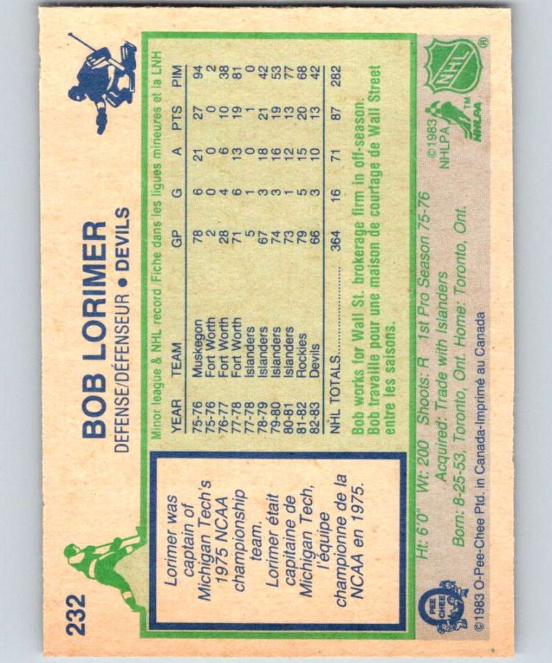 1983-84 O-Pee-Chee #232 Bob Lorimer NJ Devils NHL Hockey