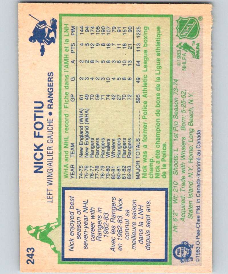 1983-84 O-Pee-Chee #243 Nick Fotiu NY Rangers NHL Hockey Image 2