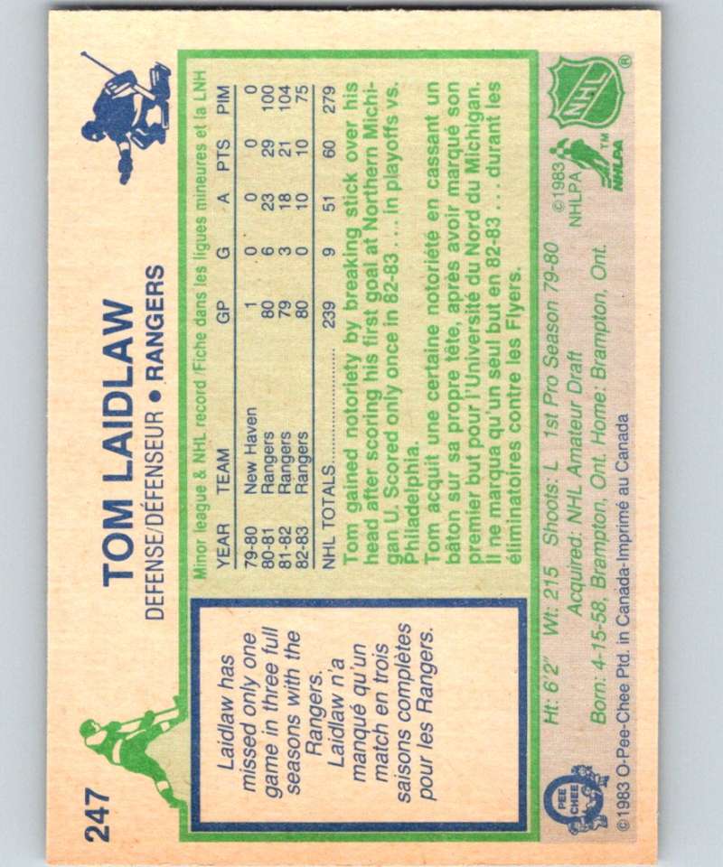 1983-84 O-Pee-Chee #247 Tom Laidlaw NY Rangers NHL Hockey