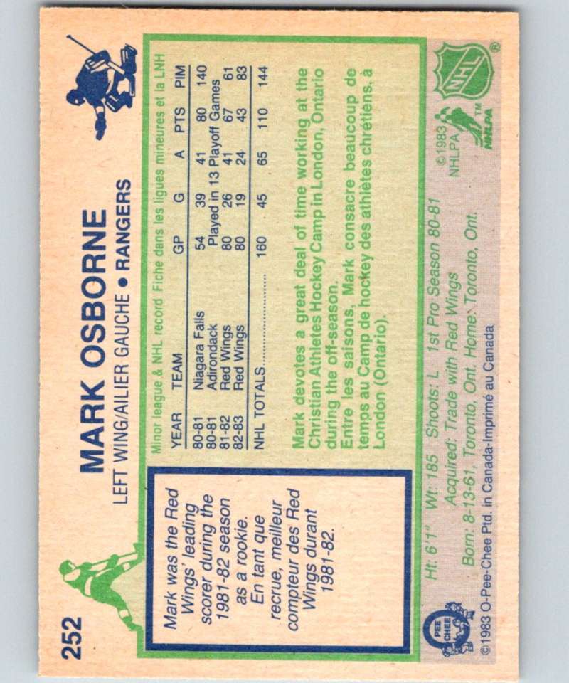 1983-84 O-Pee-Chee #252 Mark Osborne NY Rangers NHL Hockey