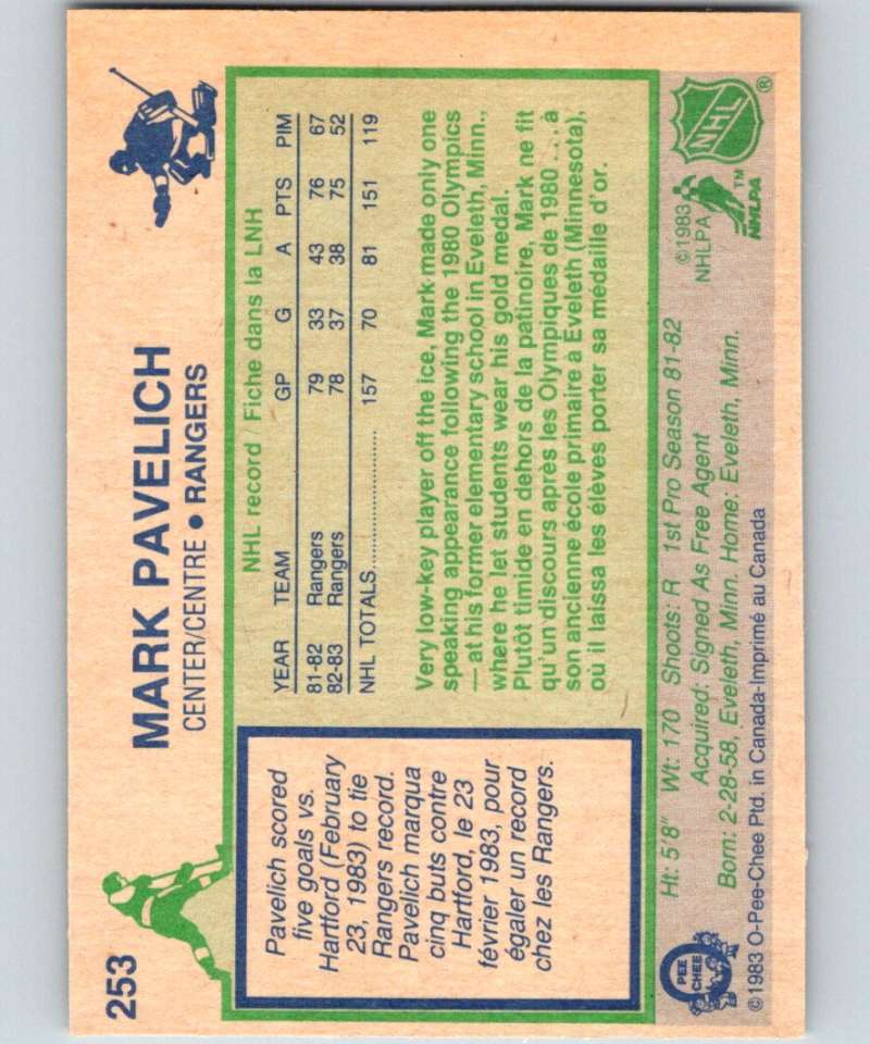 1983-84 O-Pee-Chee #253 Mark Pavelich NY Rangers NHL Hockey