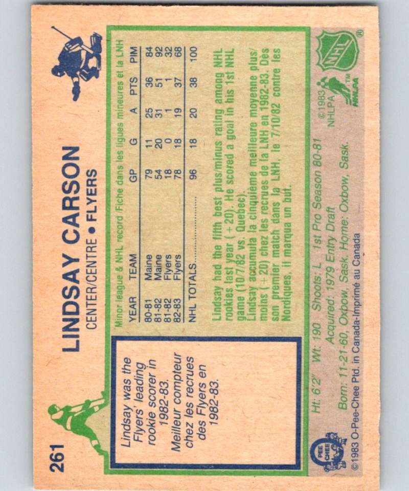 1983-84 O-Pee-Chee #261 Lindsay Carson RC Rookie Flyers NHL Hockey