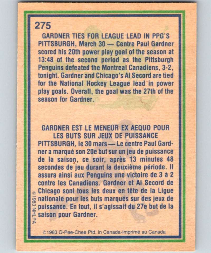 1983-84 O-Pee-Chee #275 Paul Gardner Penguins HL NHL Hockey