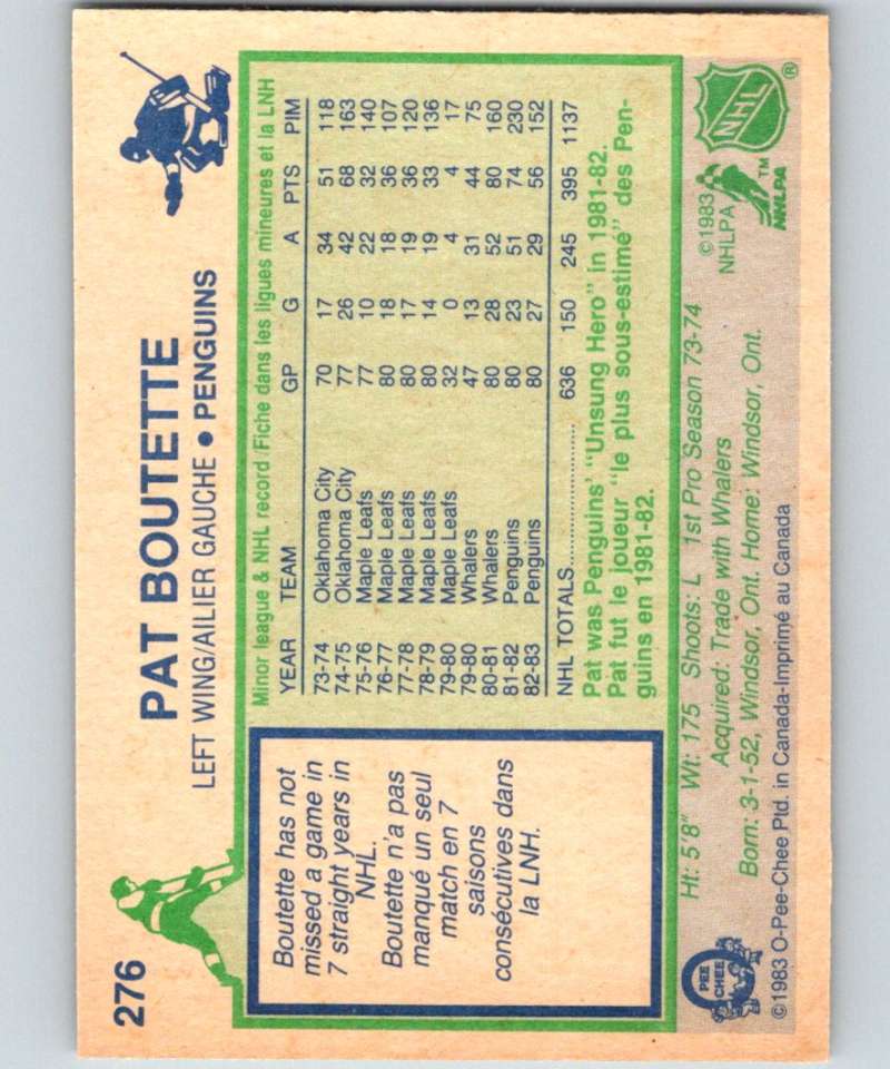 1983-84 O-Pee-Chee #276 Pat Boutette Penguins NHL Hockey