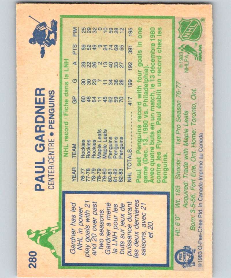1983-84 O-Pee-Chee #280 Paul Gardner Penguins NHL Hockey Image 2