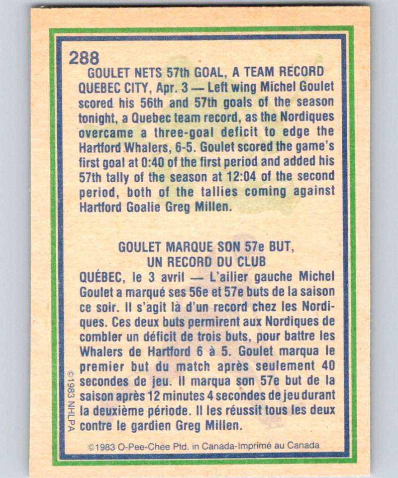 1983-84 O-Pee-Chee #288 Michel Goulet Nordiques HL NHL Hockey