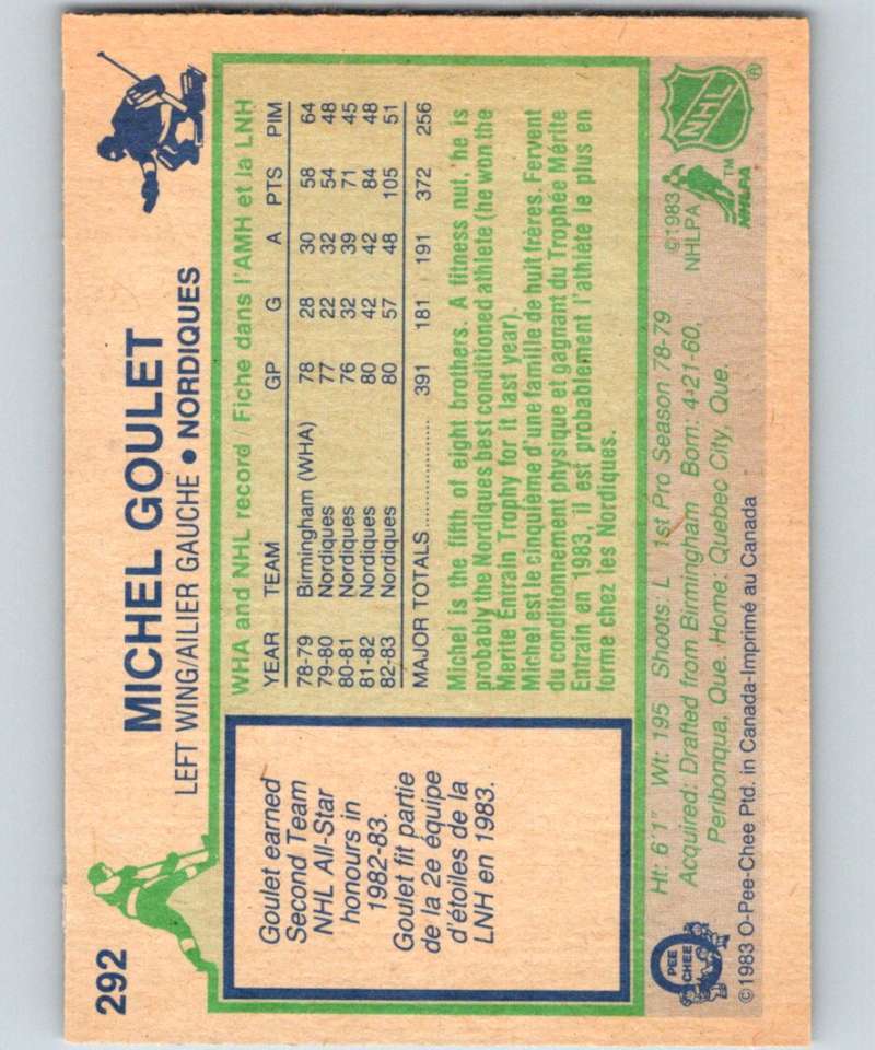 1983-84 O-Pee-Chee #292 Michel Goulet Nordiques NHL Hockey
