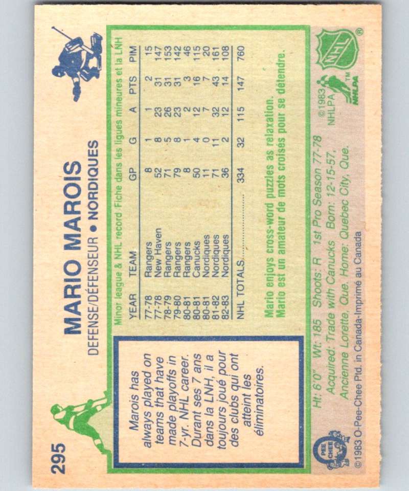 1983-84 O-Pee-Chee #295 Mario Marois Nordiques NHL Hockey
