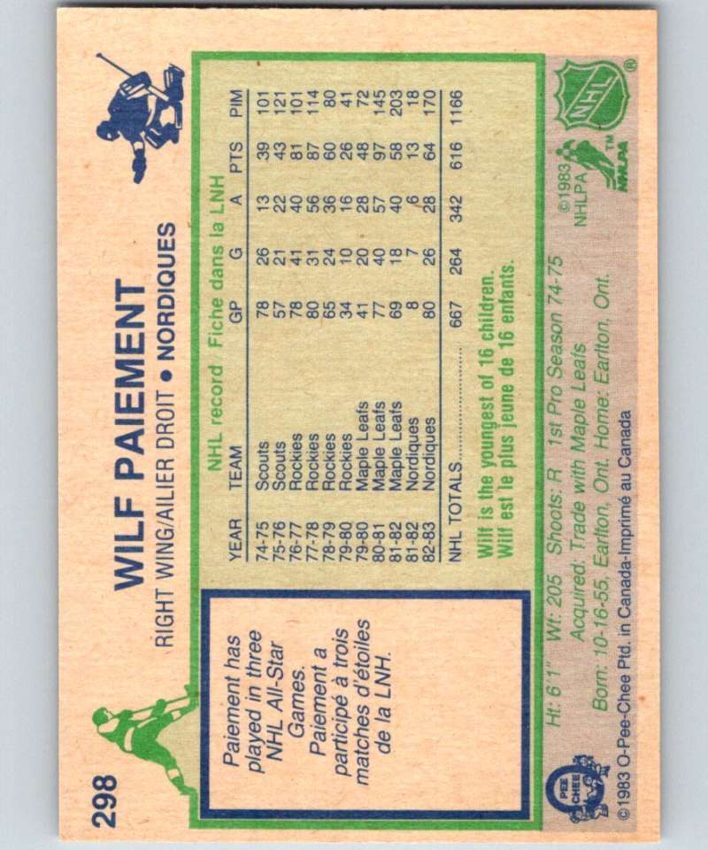 1983-84 O-Pee-Chee #298 Wilf Paiement Nordiques NHL Hockey