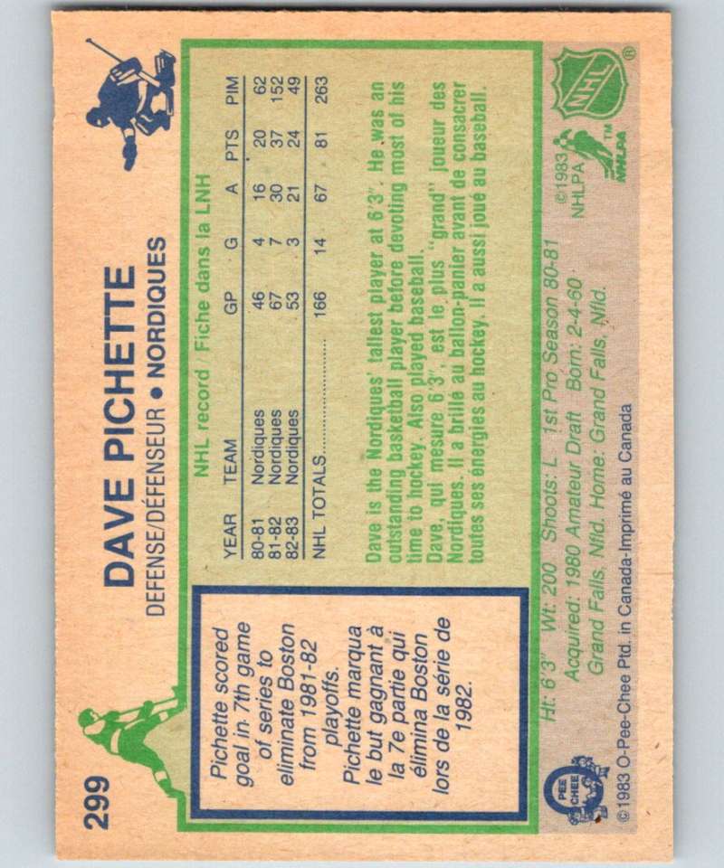 1983-84 O-Pee-Chee #299 Dave Pichette Nordiques NHL Hockey