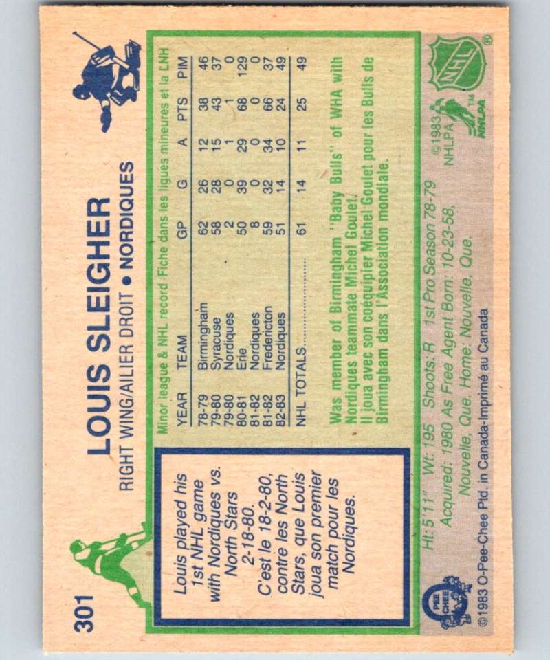 1983-84 O-Pee-Chee #301 Louis Sleigher RC Rookie Nordiques NHL Hockey