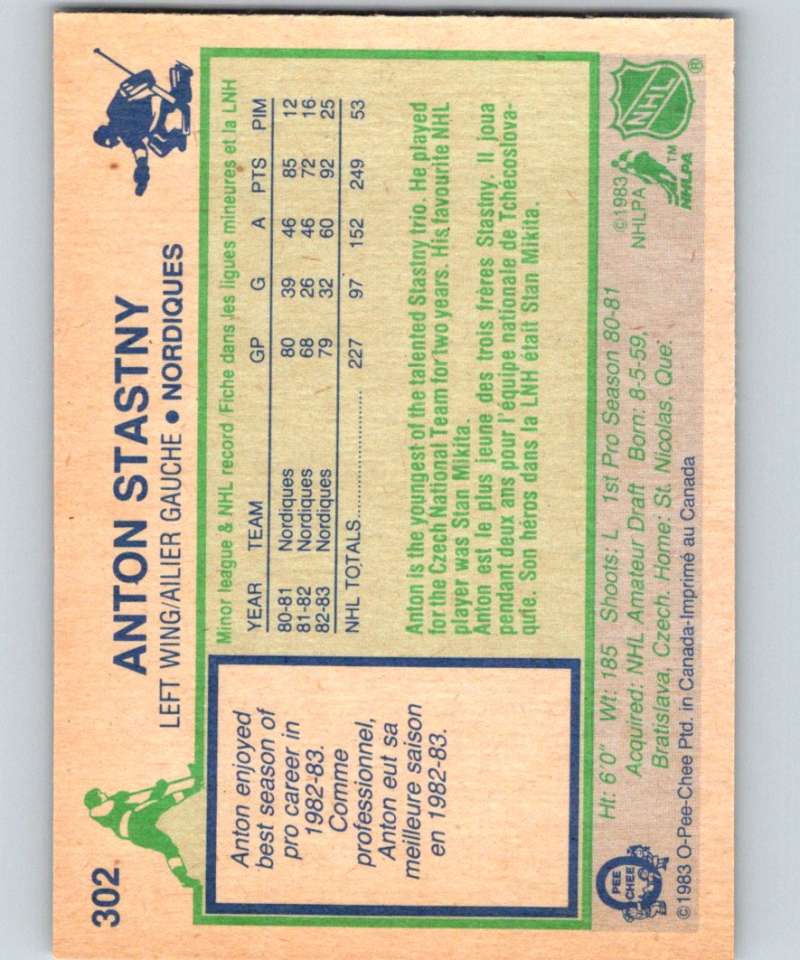 1983-84 O-Pee-Chee #302 Anton Stastny Nordiques NHL Hockey