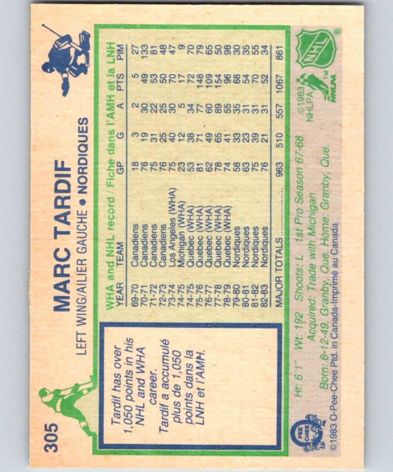 1983-84 O-Pee-Chee #305 Marc Tardif Nordiques NHL Hockey