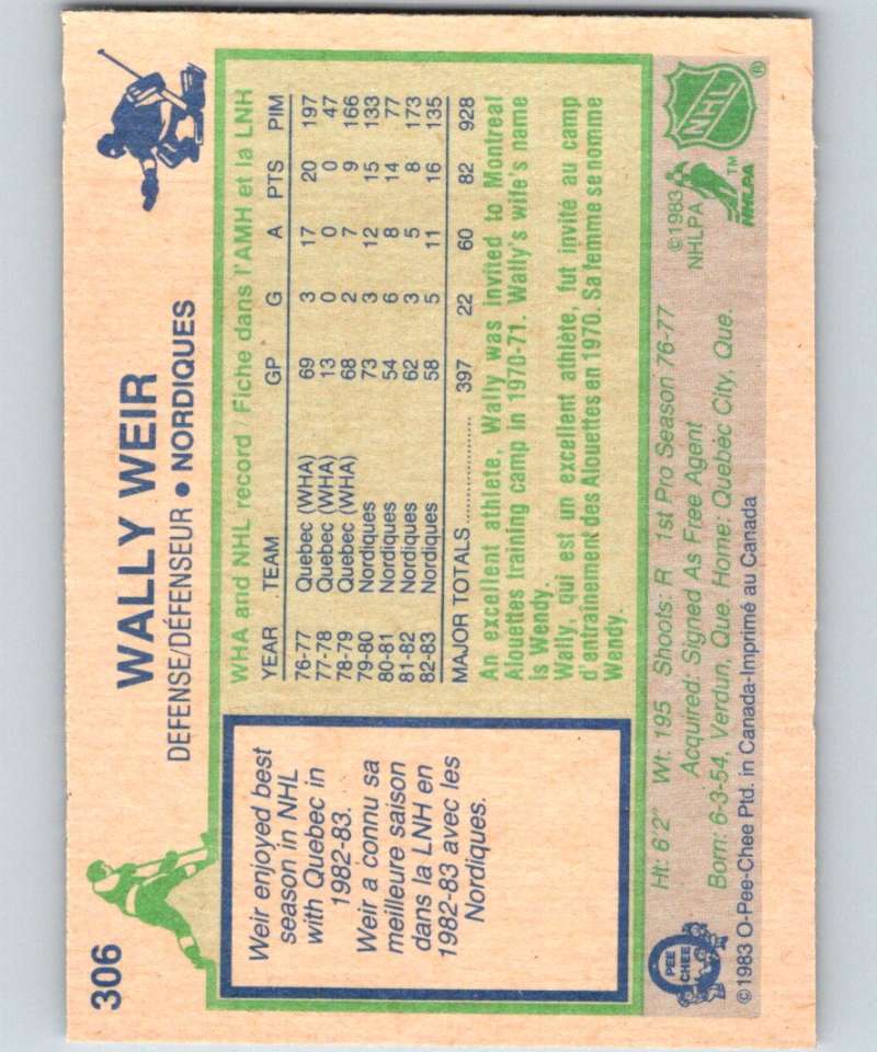 1983-84 O-Pee-Chee #306 Wally Weir Nordiques NHL Hockey