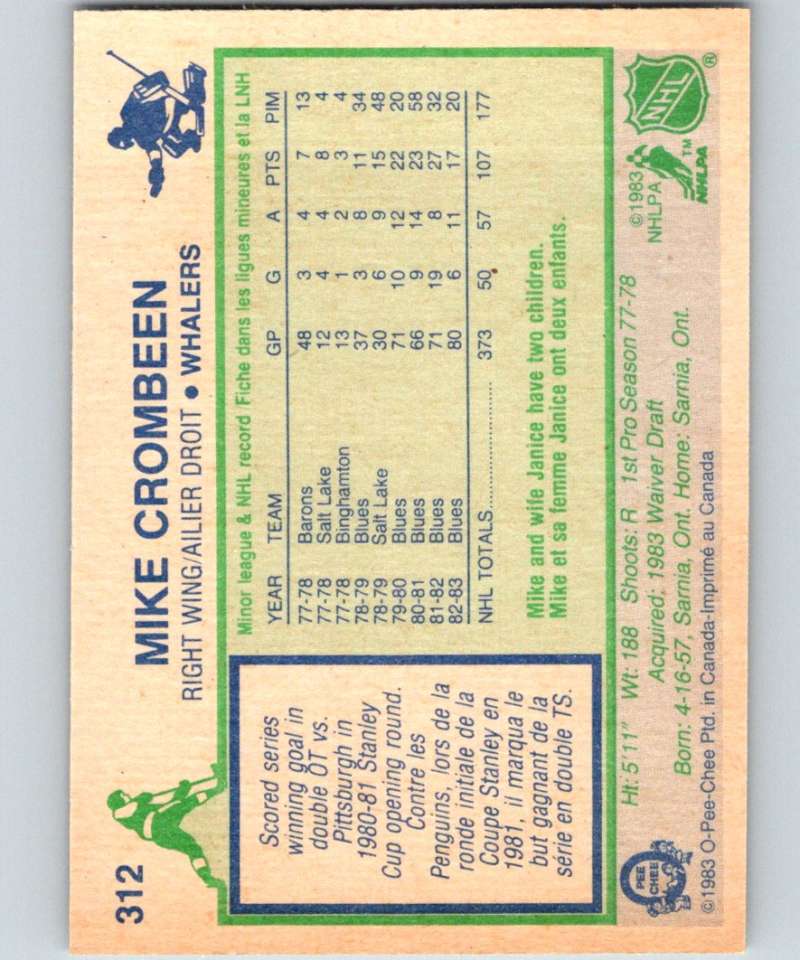 1983-84 O-Pee-Chee #312 Mike Crombeen RC Rookie Whalers NHL Hockey