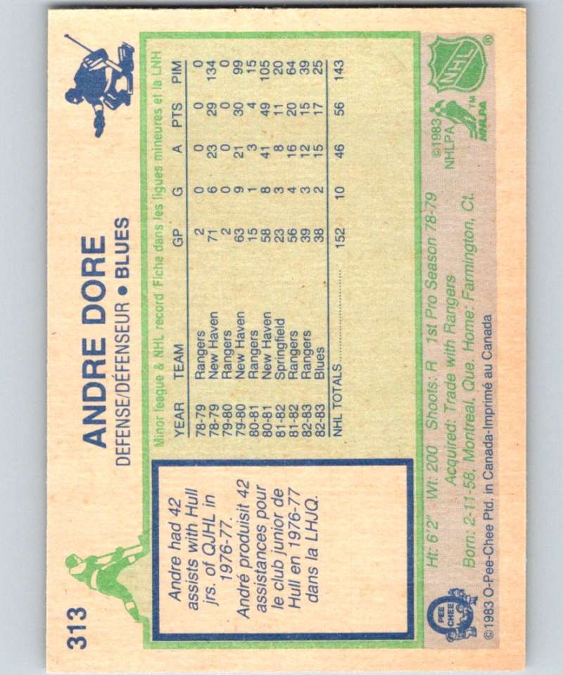 1983-84 O-Pee-Chee #313 Andre Dore RC Rookie Blues NHL Hockey